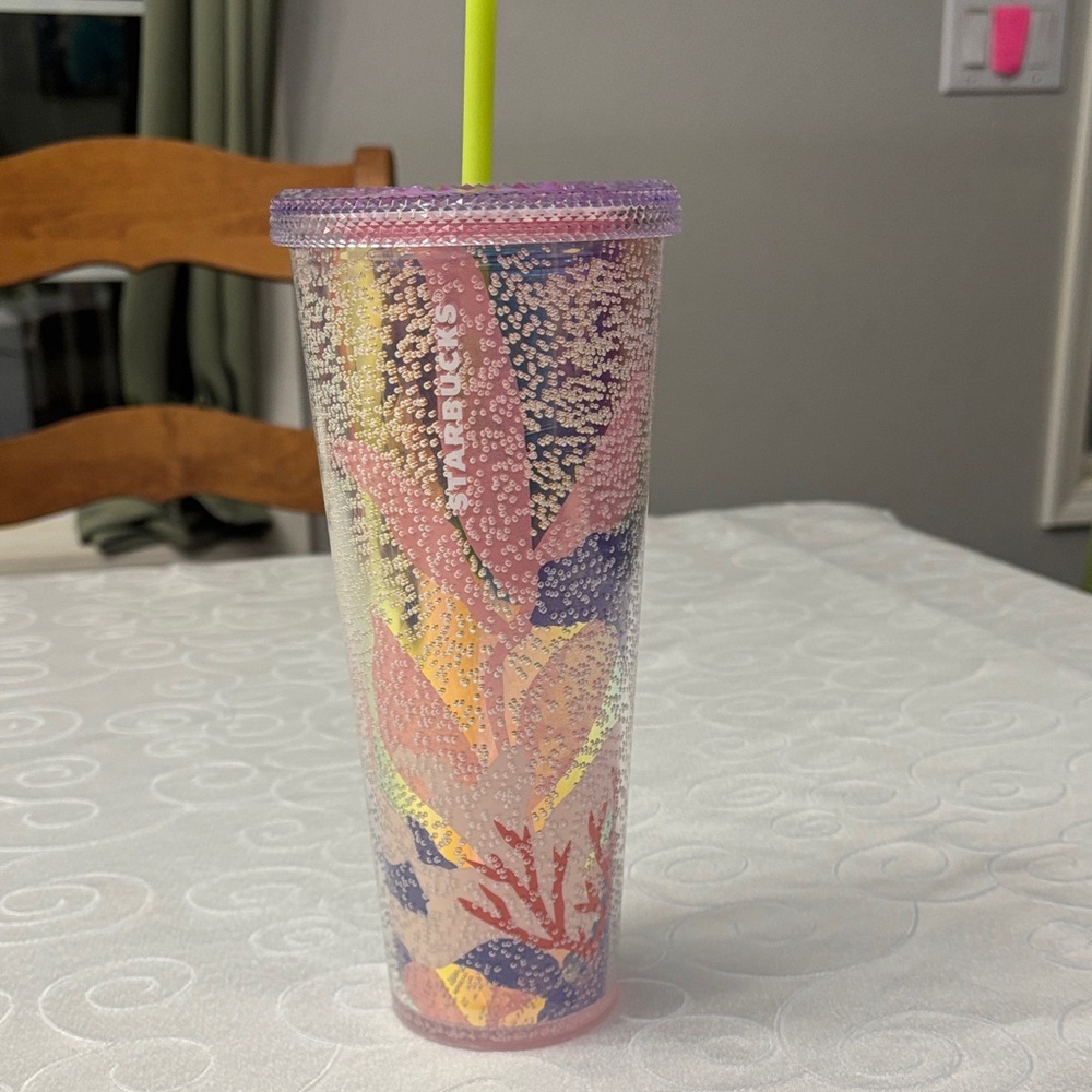 Starbucks Coral Reef Bubble Cold Cup 24 Oz Tumbler Pink W Gold Bubbles